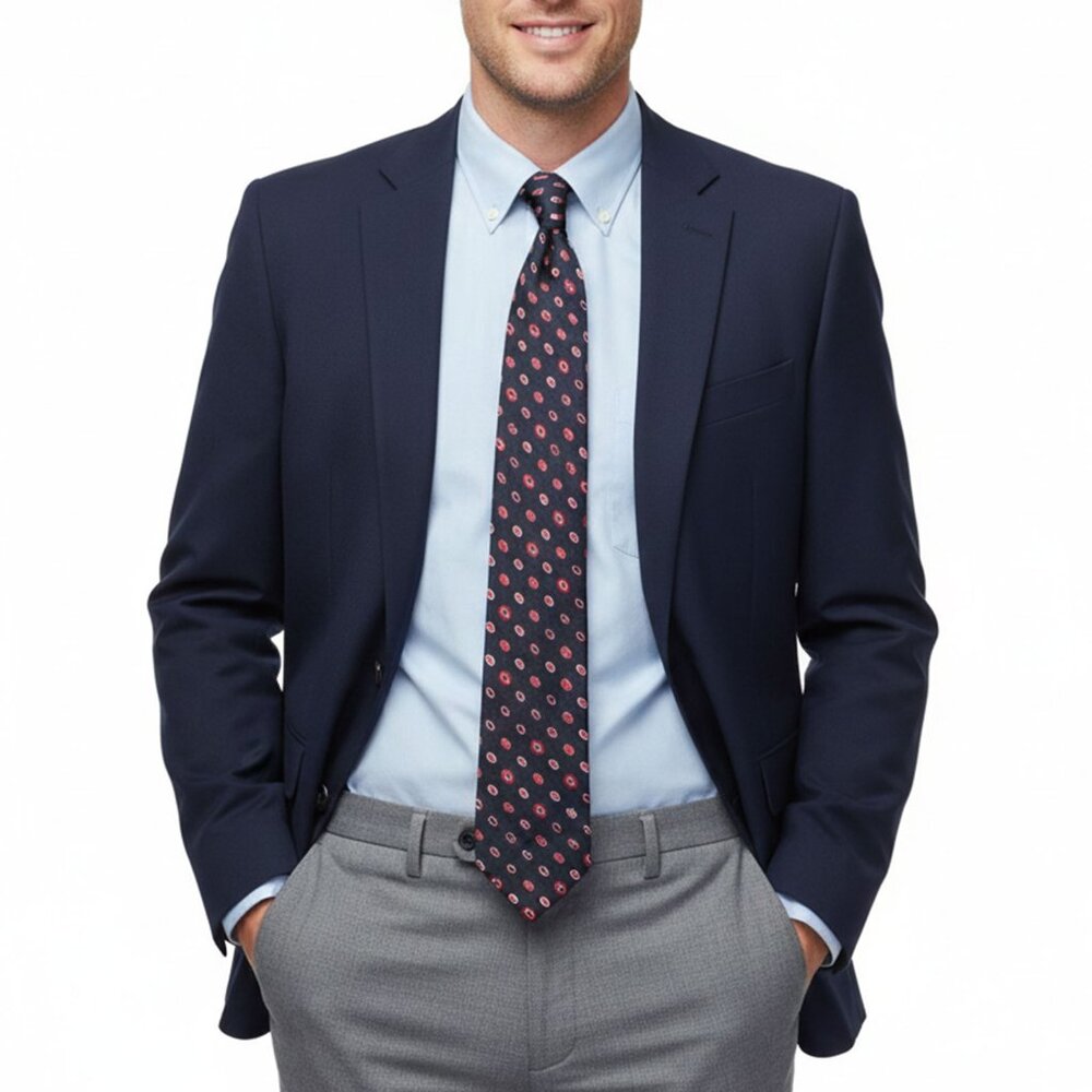 Harry Rosen 100% Silk Tie Navy Red Oval Pattern Designer Quality Made in Italy